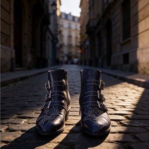 Black Studded Buckle Ankle Boots Western Moto Style size 10